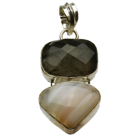 Sterling Silver Striped Agate Faceted Labradorite Stone Pendant, Large Bail, India