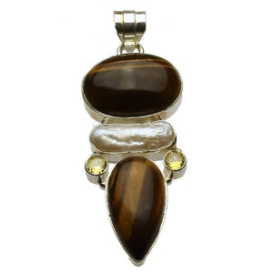 Sterling Silver Tiger Eye Stone White Freshwater Pearl Cubic Zirconia Pendant, Large Bail, India