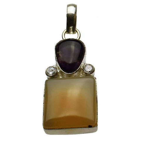 Sterling Silver Striped Orange Agate Amethyst Stone Cubic Zirconia Accent Pendant, Large Bail, India