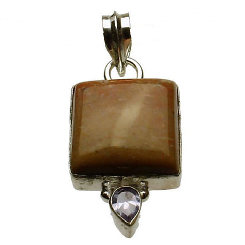 Sterling Silver Square Orange Agate Stone Cubic Zirconia Accent Pendant, Large Bail, India
