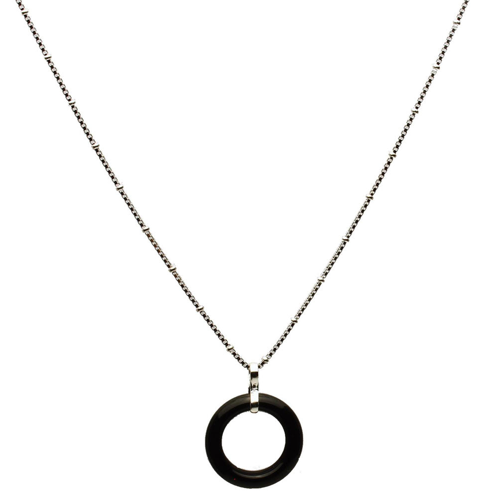 20mm Black Onyx Stone Circle Ring Pendant Sterling Silver Box Beads Chain Necklace