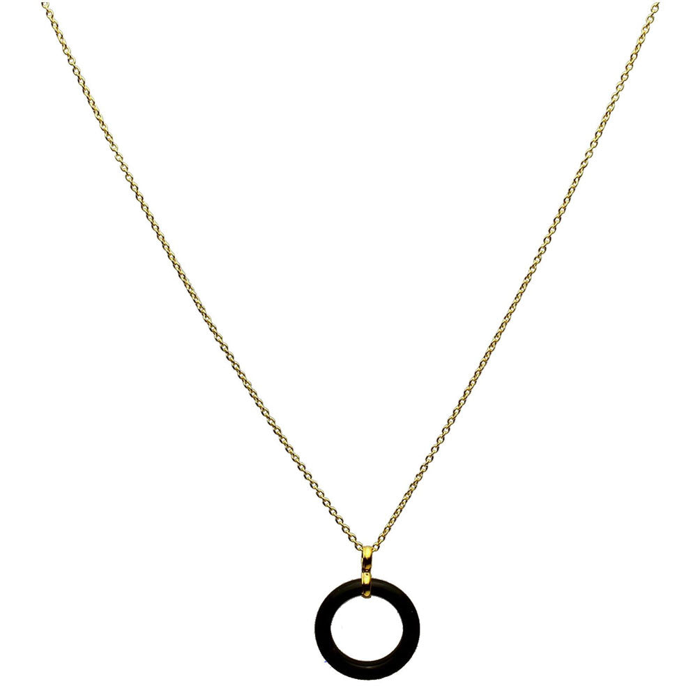 17mm Black Onyx Stone Circle Ring Pendant 18KT Gold-Flashed