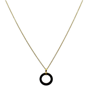 17mm Black Onyx Stone Circle Ring Pendant 18KT Gold-Flashed Sterling Silver Cable Chain Necklace