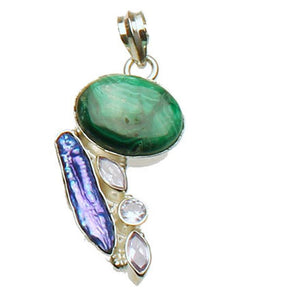 Sterling Silver Malachite Stone Blue Freshwater Pearl Cubic Zirconia Pendant, Large Bail, India