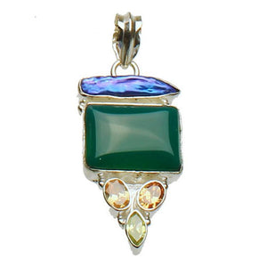 Sterling Silver Green Agate Stone Blue Freshwater Pearl Cubic Zirconia Pendant, Large Bail, India