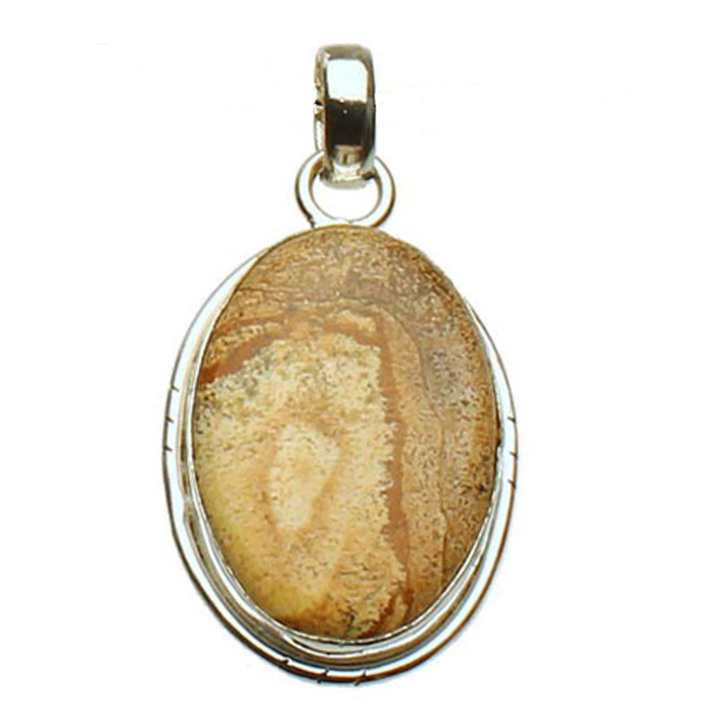 Sterling Silver Picture Jasper Brown Tan Stone Pendant, Large Bail, India