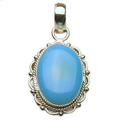 Sterling Silver Blue Chalcedony Stone Scallop, Rope Edge Pendant, Large Bail, India