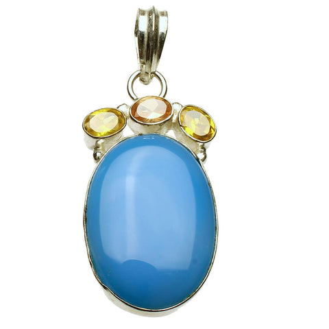 Sterling Silver Blue Chalcedony Agate Stone Cubic Zirconia Pendant, Large Bail, India