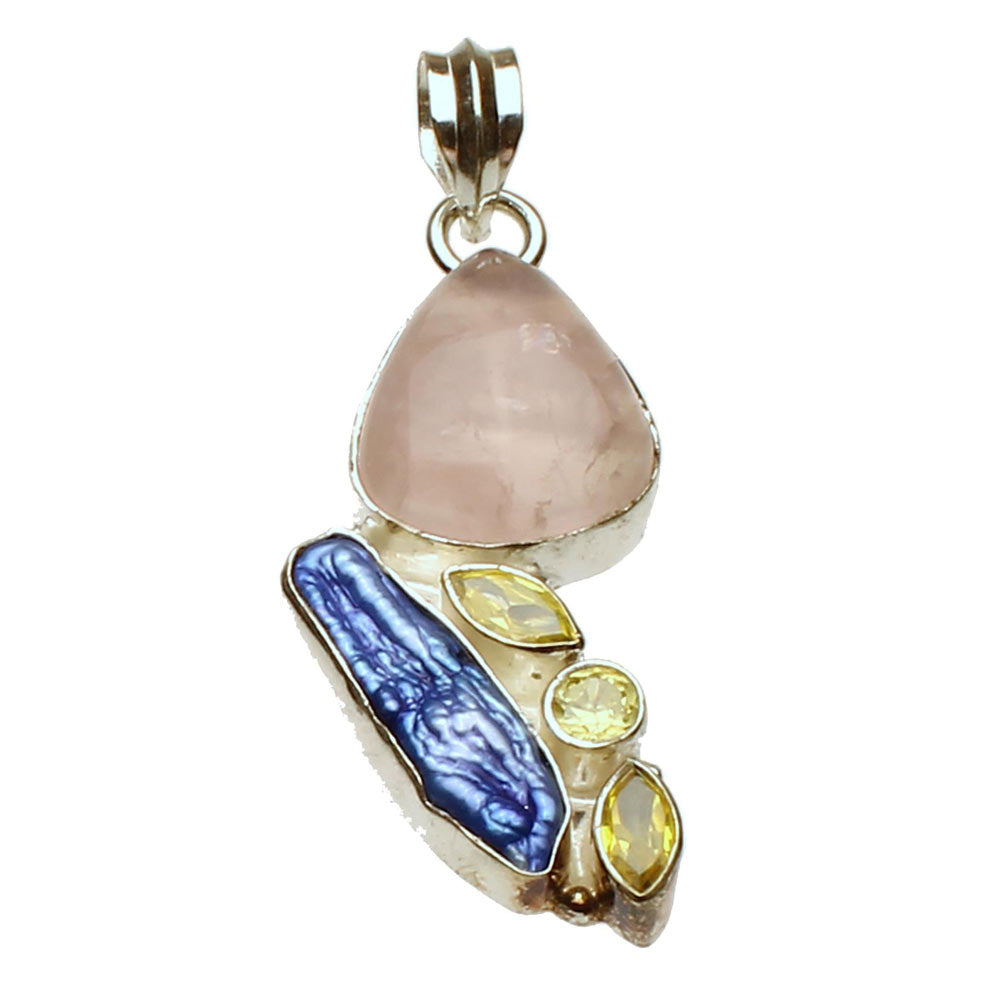 Sterling Silver Rose Quartz Stone Blue Freshwater Pearl Cubic Zirconia Pendant, Large Bail, India