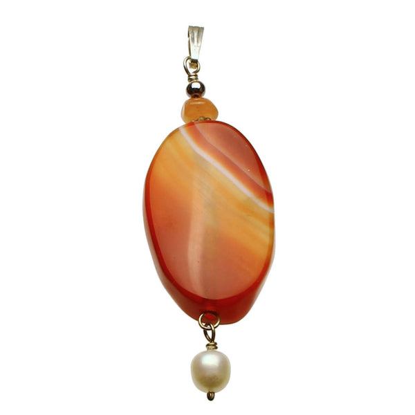 Striped Agate Oval Stone White Freshwater Cultured Pearl Pendant Chain Necklace 18 inches