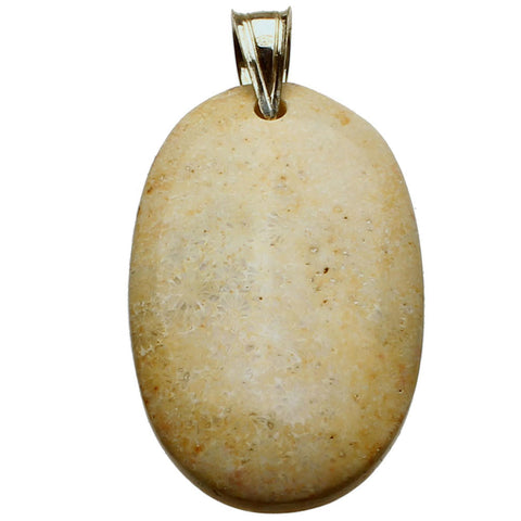 Agatized Coral Fossil Pendant Rubber Cord Necklace Sterling Silver Bail, 18 inches  