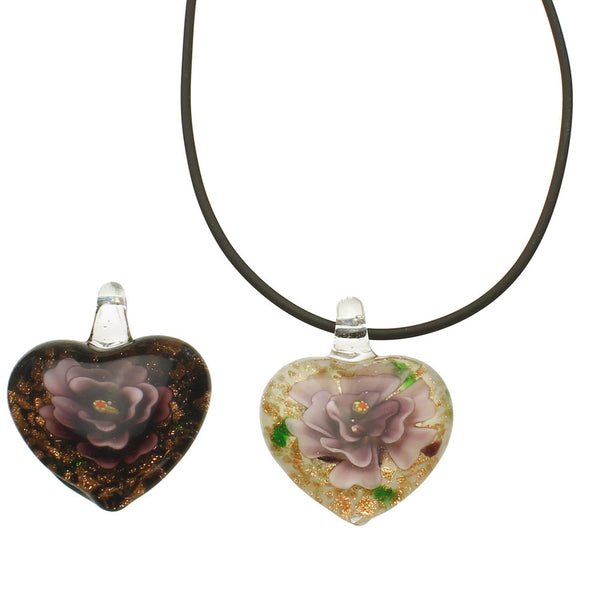 2 Purple Murano-style Glass Flower Heart Pendant Rubber Cord Necklace