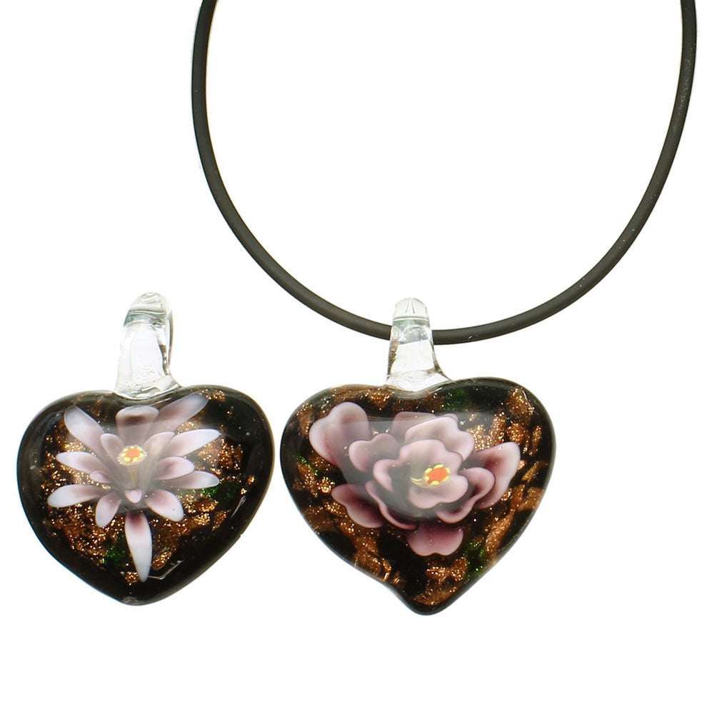 2 Purple Murano-style Glass Flower Heart Pendant Rubber Cord Necklace