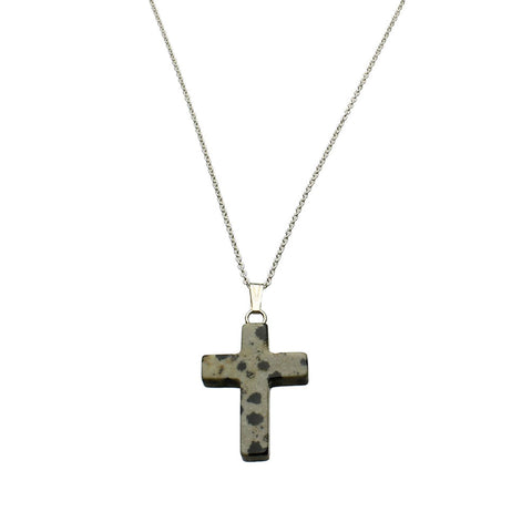 Dalmation Jasper Stone Cross Pendant Sterling Silver Cable Chain Necklace 18 inches