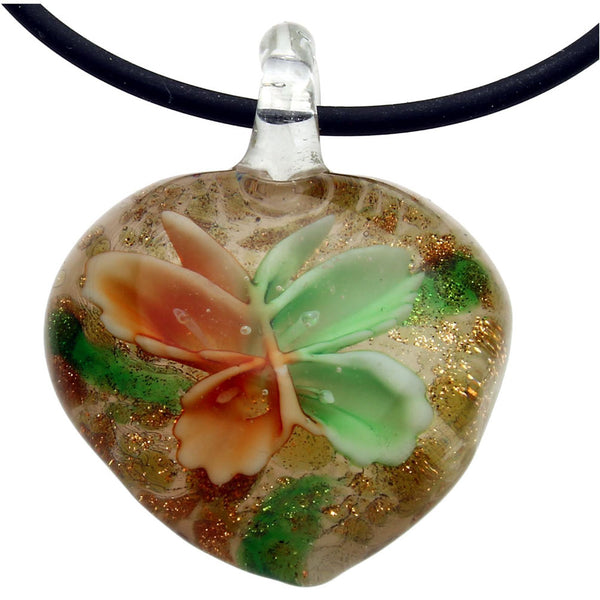 Orange Green Murano-Style Glass Butterfly Heart Pendant Rubber Cord Necklace