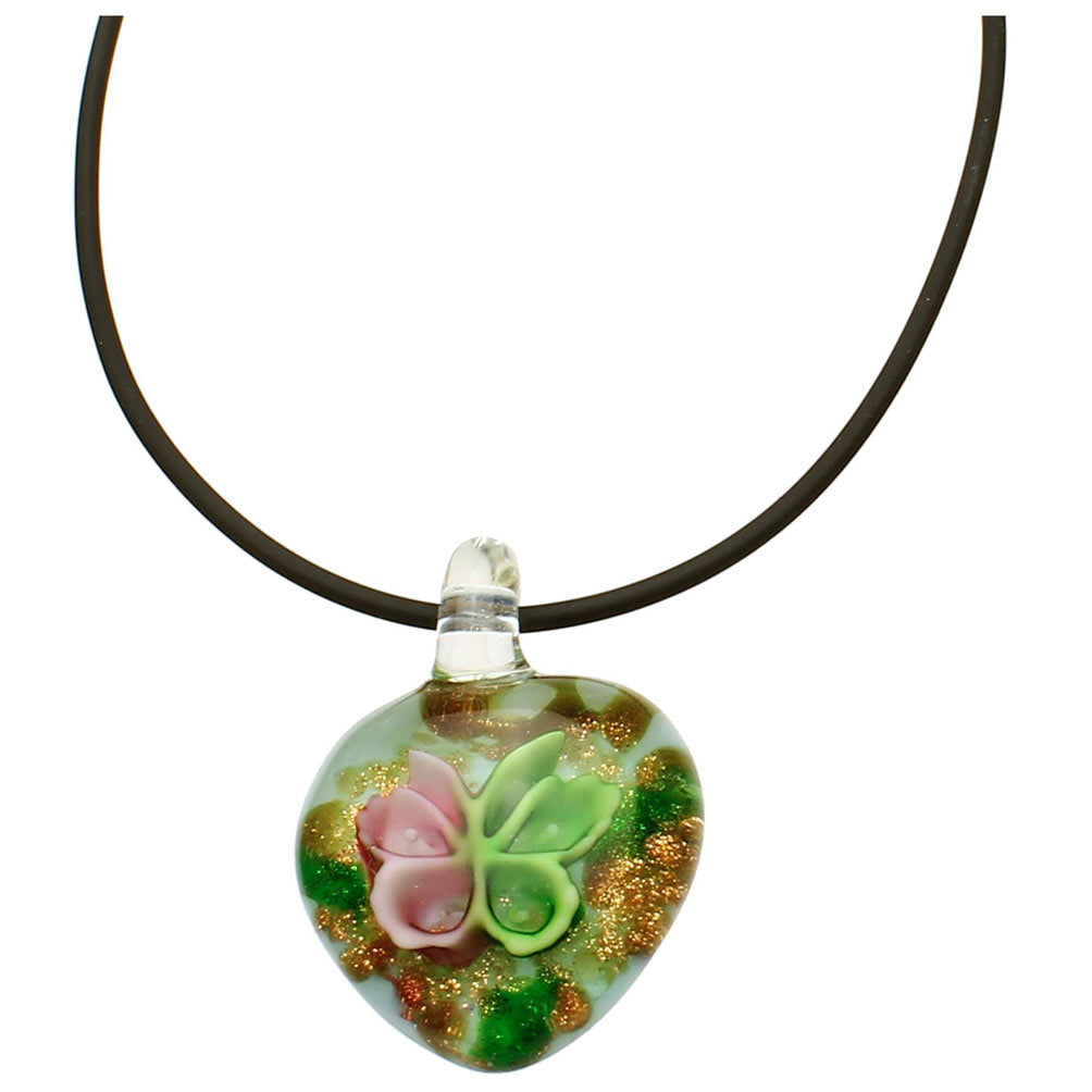 Pink Green Murano-style Glass Butterfly Heart Pendant Rubber Cord Necklace,18 inches