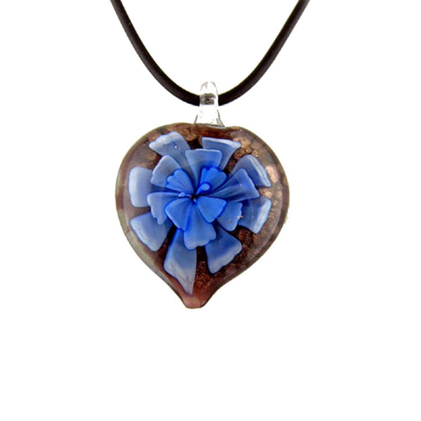 Murano-style Glass Blue Flower Heart Pendant Rubber Cord Necklace, 18 inches