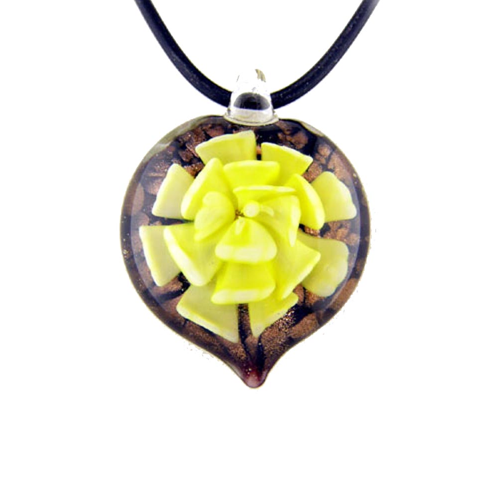 Murano-style Glass Yellow Flower Heart Pendant Rubber Cord Necklace