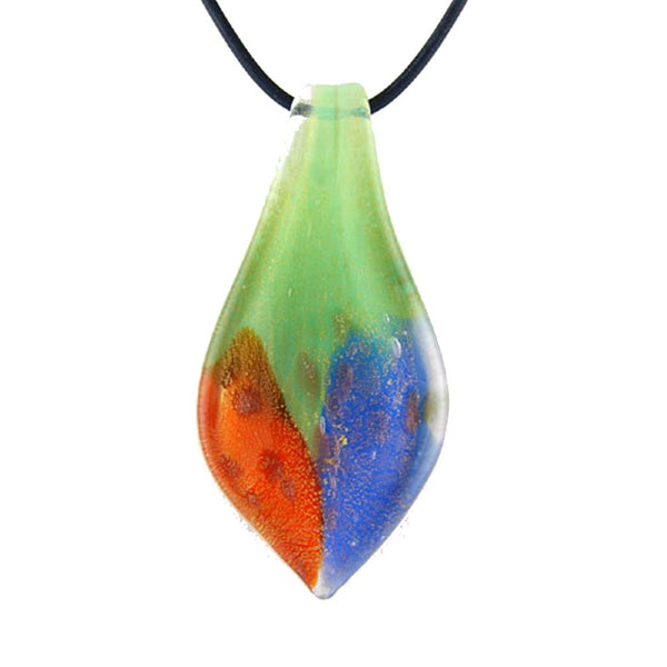 Green Murano-style Glass Leaf Tie Pendant Rubber Cord Necklace, 18 inches