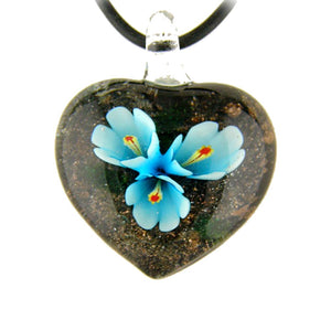 Aqua Murano-style Glass Flower Heart Pendant Rubber Cord Necklace