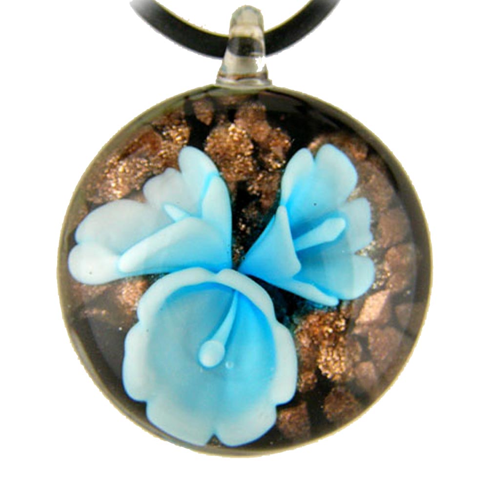 Aqua Murano-style Glass Flower Pendant Rubber Cord Necklace