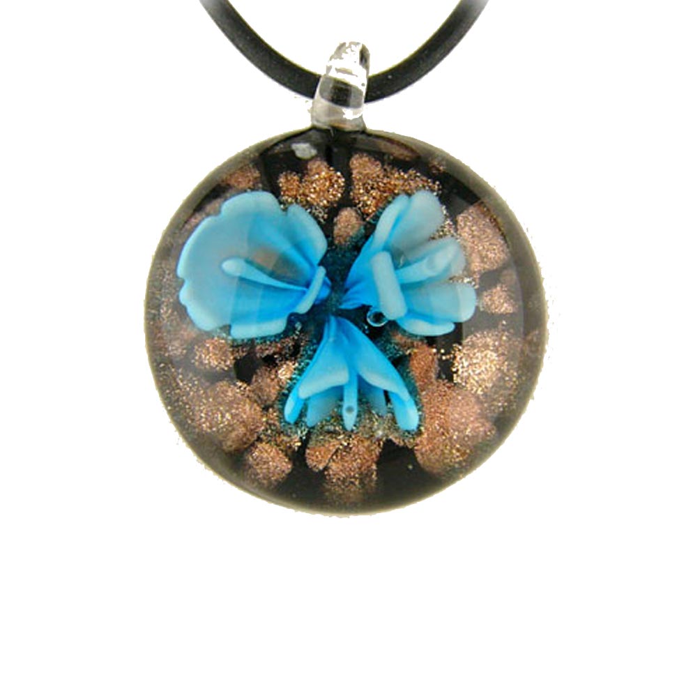 Murano-style Glass Aqua Flower Pendant Rubber Cord Necklace, 18 inches