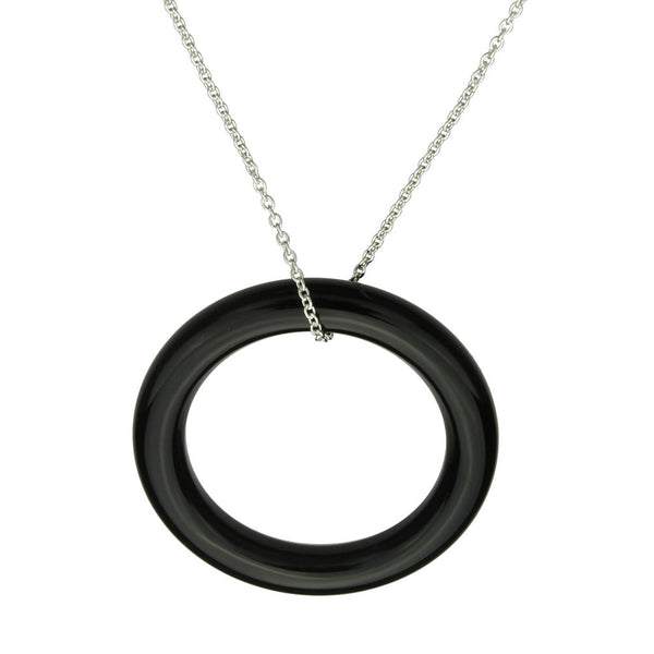 Large Black Onyx Stone Circle Ring Pendant Sterling Silver Cable Chain Necklace