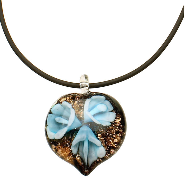 Murano-style Glass Aqua Flower Heart Pendant Rubber Cord Necklace Sterling Silver Clasp
