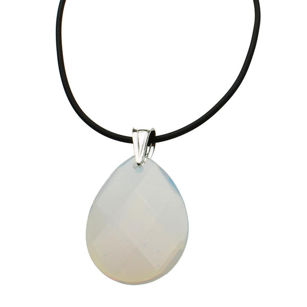 Faceted Opalite Glass Teardrop Pendant Rubber Cord Necklace Sterling Silver