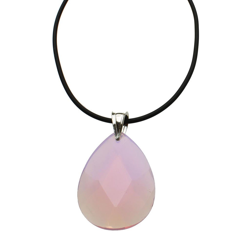 Faceted Pink Opalite Glass Teardrop Pendant Rubber Cord Necklace Sterling Silver