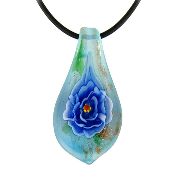 Blue Murano-style Glass Flower Leaf Tie Pendant Rubber Cord Necklace, 18 inches