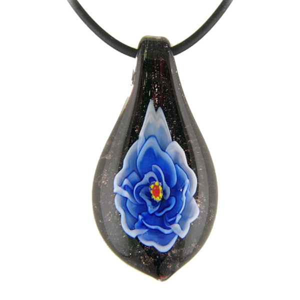 Blue Murano-style Glass Flower Leaf Tie Pendant Rubber Cord Necklace