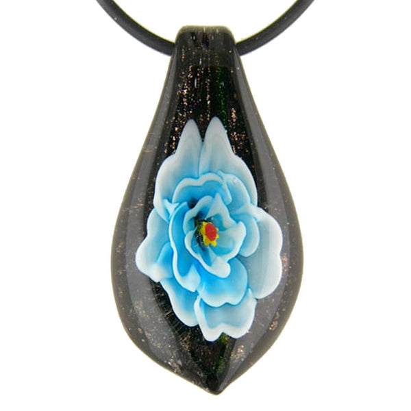 Aqua Murano-style Glass Flower Leaf Tie Pendant Rubber Cord Necklace