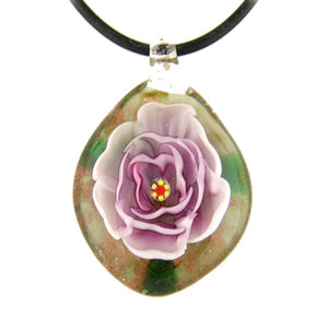 Violet Murano-style Glass Flower Pendant Rubber Cord Necklace, 18 inches