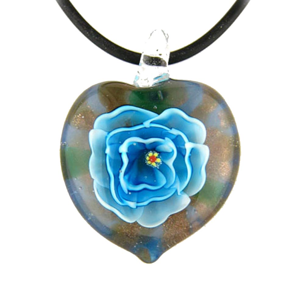 Aqua Murano-style Glass Flower Heart Pendant Rubber Cord Necklace