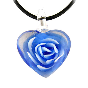 Blue Murano-style Glass Flower Heart Pendant Rubber Cord Necklace