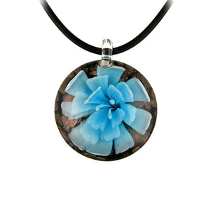 Aqua Murano-style Glass Flower Pendant Rubber Cord Necklace