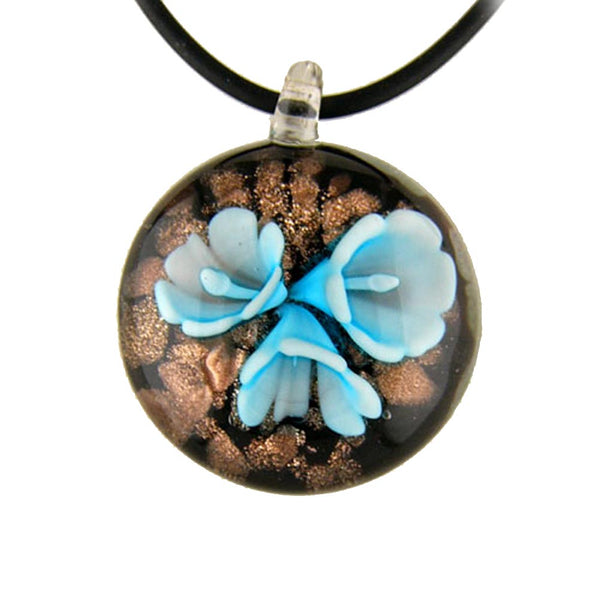 Aqua Murano-style Glass Flower Pendant Rubber Cord Necklace, 18 inches