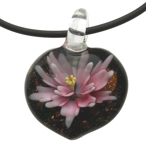 Pink Murano-style Glass Flower Heart Pendant Rubber Cord Necklace, 18 inches