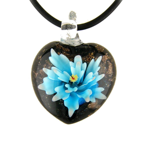 Aqua Murano-style Glass Flower Heart Pendant Rubber Cord Necklace, 18 inches
