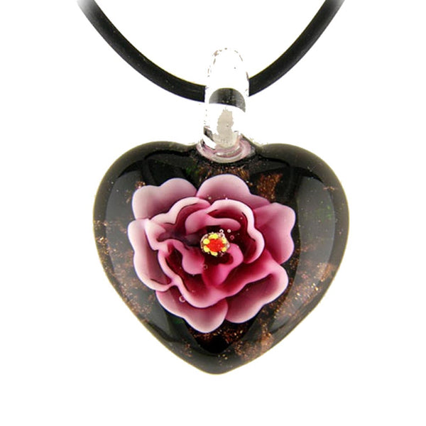 Pink Murano-style Glass Flower Heart Pendant Rubber Cord Necklace, 16 inches