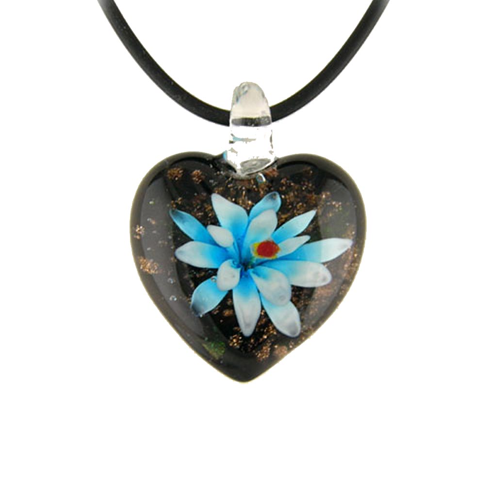 Aqua Murano-style Glass Flower Heart Pendant  Rubber Cord Necklace
