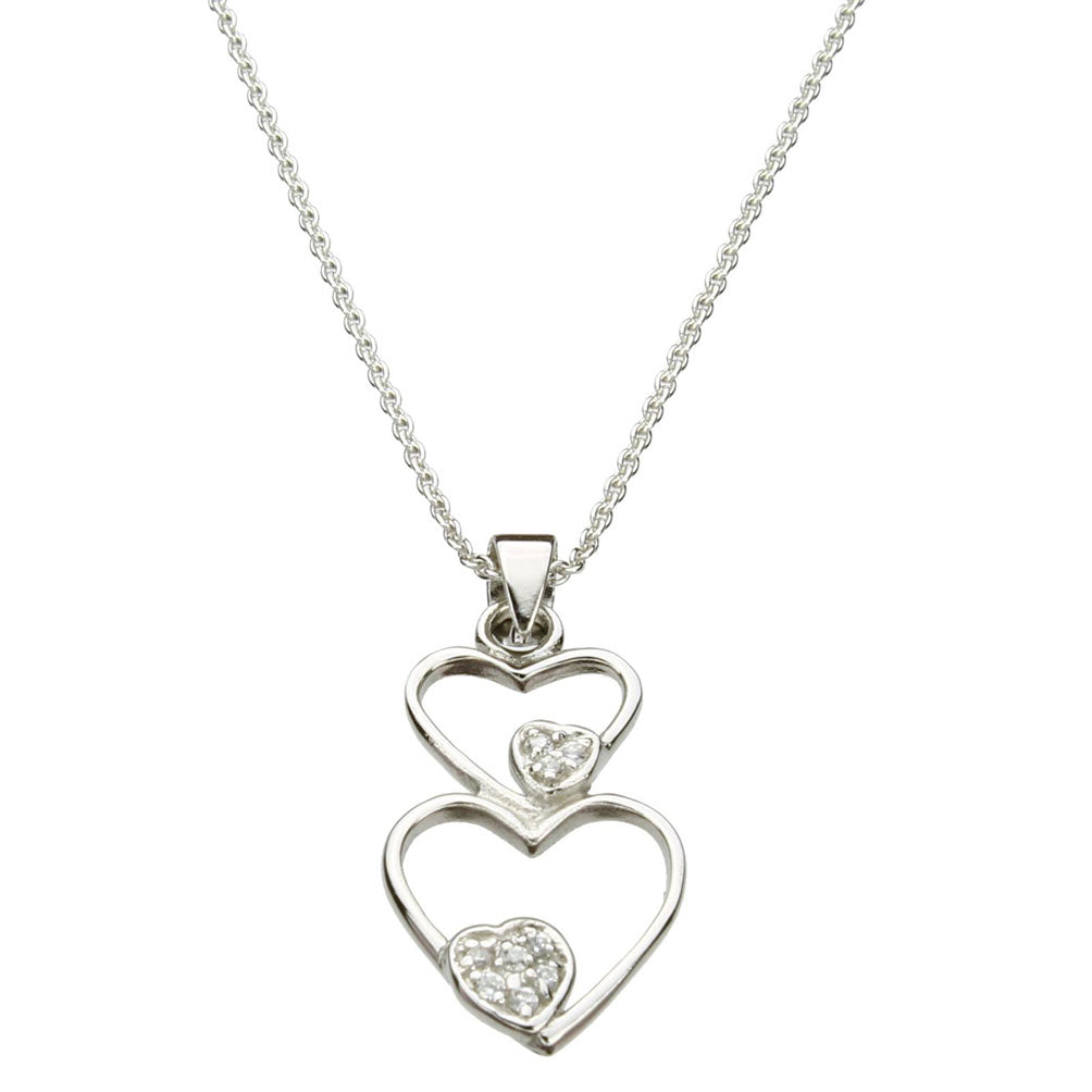 Round Cubic Zirconia 2 Heart Sterling Silver Pendant Cable Chain Necklace 18 inches