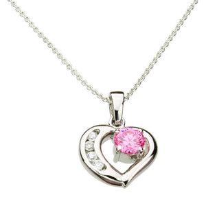 Pink Cubic Zirconia Heart Sterling Silver Pendant Cable Chain Necklace 18 inches