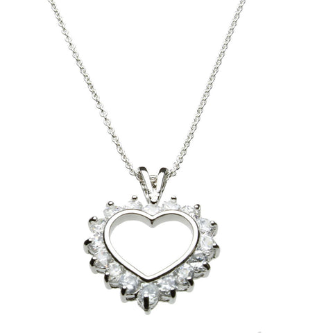 Round Cubic Zirconia Sterling Silver Heart Pendant Cable Chain Necklace 18 inches