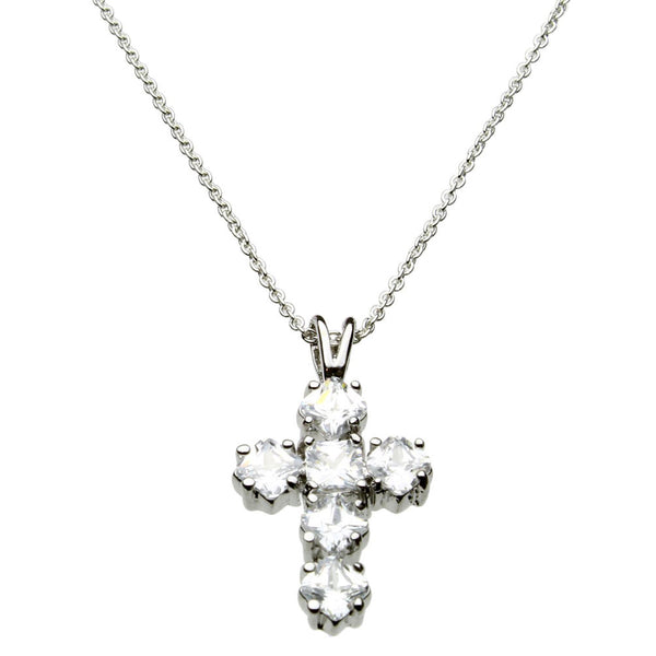 Square Cubic Zirconia Sterling Silver Cross Pendant Cable Chain Necklace 18 inches