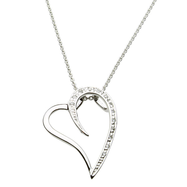Round Cubic Zirconia Sterling Silver Heart Pendant Cable Chain Necklace 18 inches