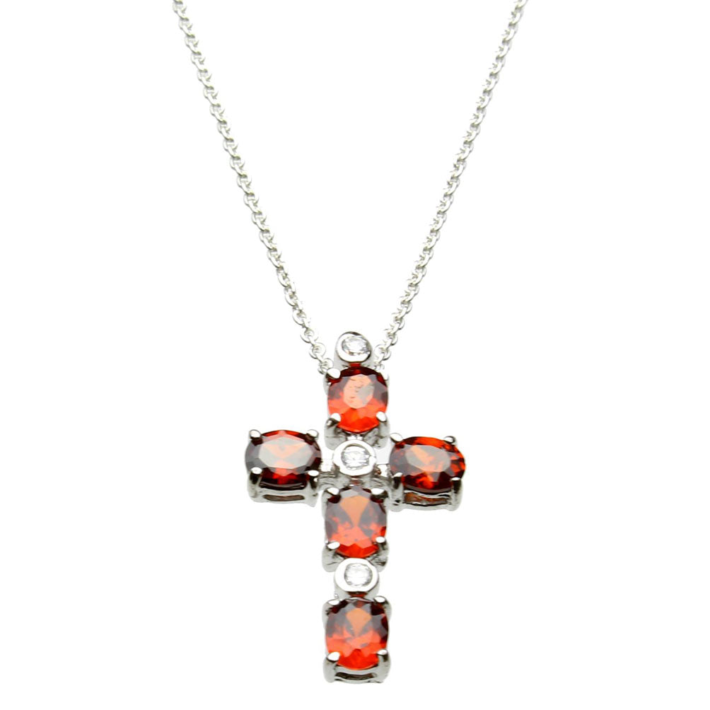 Orange Cubic Zirconia Sterling Silver Cross Pendant Cable Chain Necklace 18 inches