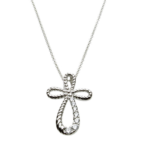 Cubic Zirconia Eternity Cross Sterling Silver Pendant Cable Necklace   