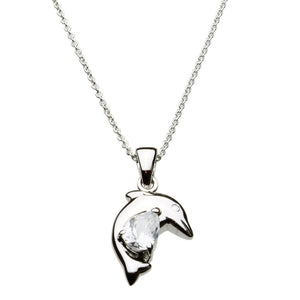 Pear Cubic Zirconia Dolphin Sterling Silver Pendant Cable Chain Necklace